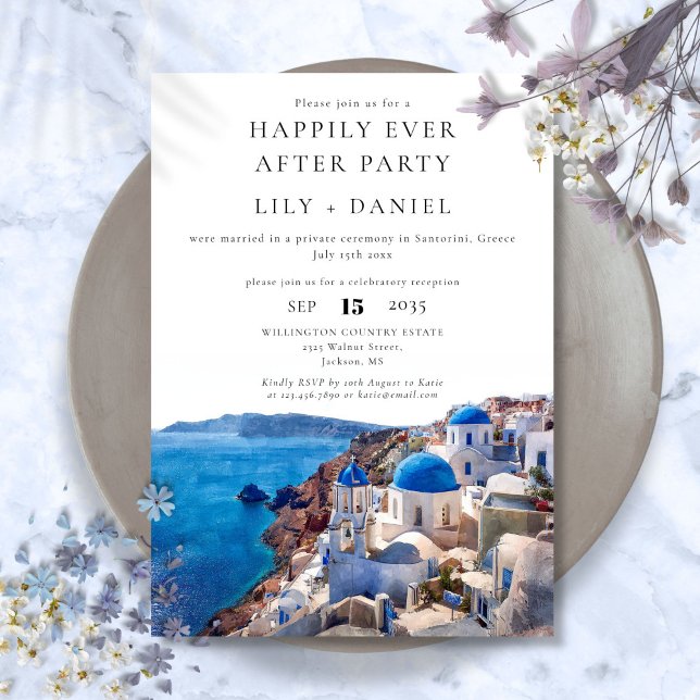 Invitación Feliz día después de Santorini, Boda de Grecia (Happily Ever After Santorini Greece Wedding Invitation)