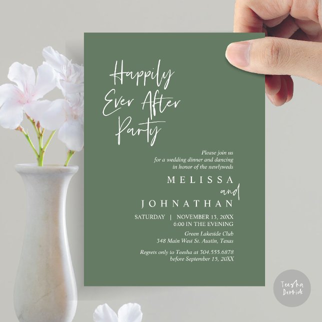 Invitación Feliz día tras Fiesta, Boda Elopement Dinner (Happily Ever after Party, Wedding Elopement Dinner Invitation Card, PDF, in Forest Sage Green)