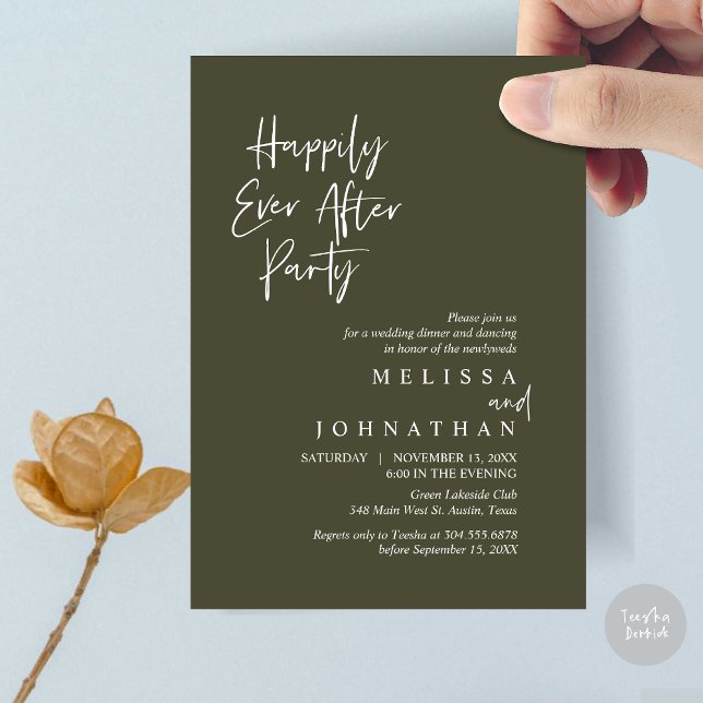 Invitación Feliz día tras Fiesta, Boda Elopement Dinner (Happily Ever after Party, Wedding Elopement Dinner Invitation Card, PDF, in Olive Green)