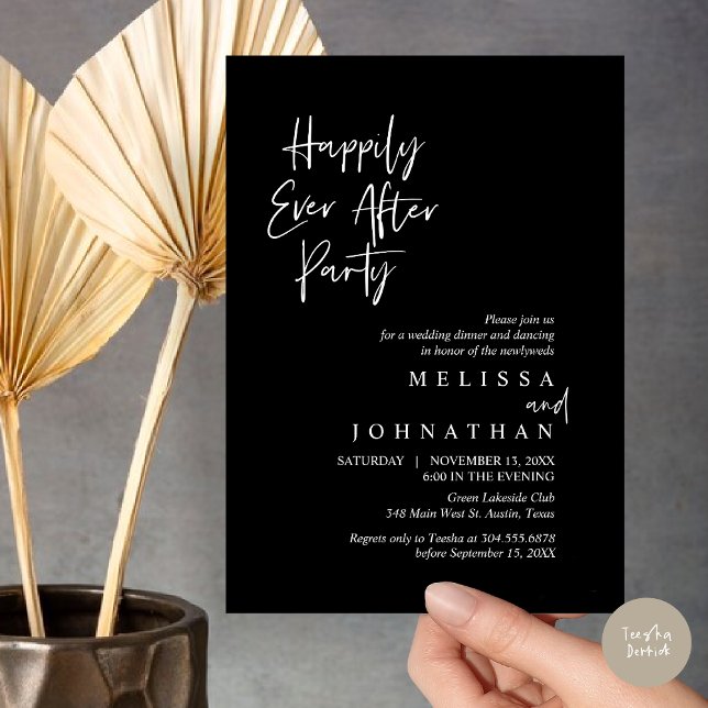 Invitación Feliz día tras Fiesta, Boda Elopement Dinner (Happily Ever after Party, Wedding Elopement Dinner Invitation Card, PDF, in Classy Black)