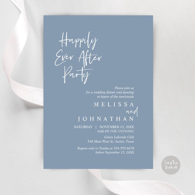 Invitación Feliz día tras Fiesta, Boda Elopement Dinner (Happily Ever after Party, Wedding Elopement Dinner Invitation Card, PDF, in Dusty Blue)
