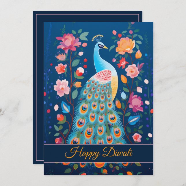 Invitación Feliz Diwali Pavo Real y Flores (Anverso / Reverso)