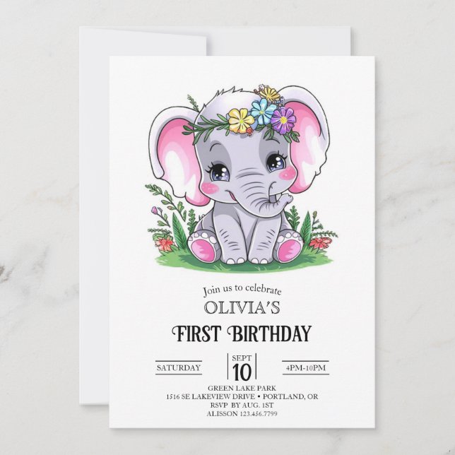 Invitación Feliz Elefante 1er cumpleaños digital (Anverso)