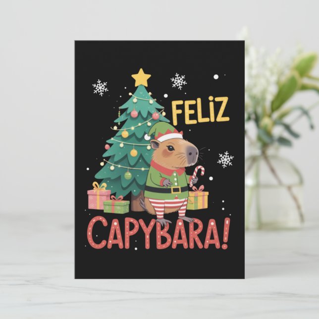 Invitación Feliz Elfo Capybara Navidad Árbol de Navidad  (Anverso de pie)