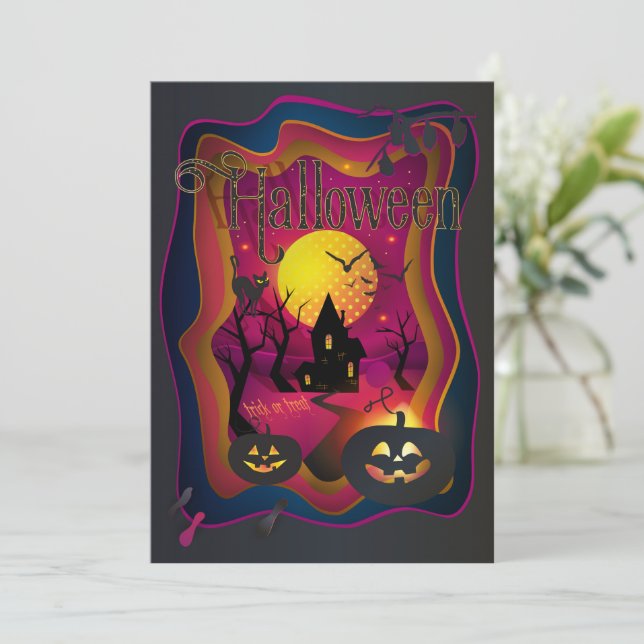 Invitación Feliz evento nocturno de Fiesta de Halloween "Trat (Anverso de pie)