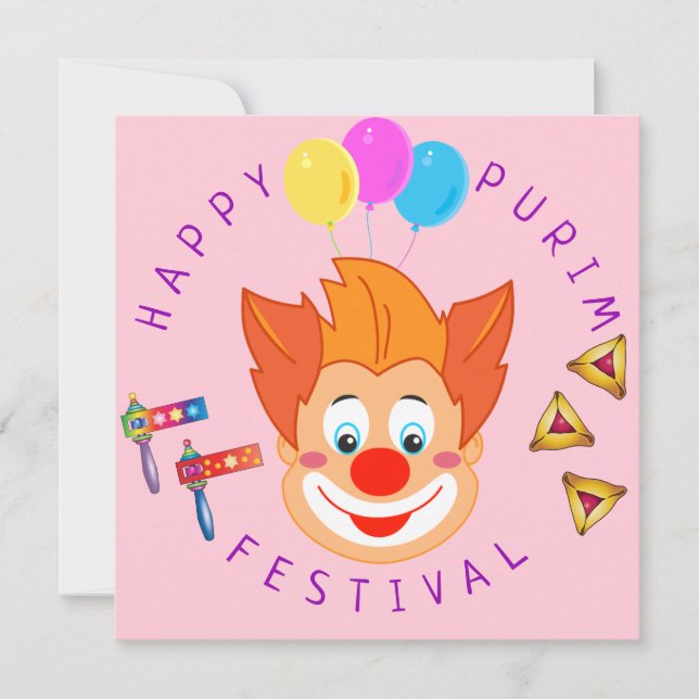 Invitación Feliz Festival de Purim Funny Fiesta de Payasos (Anverso)