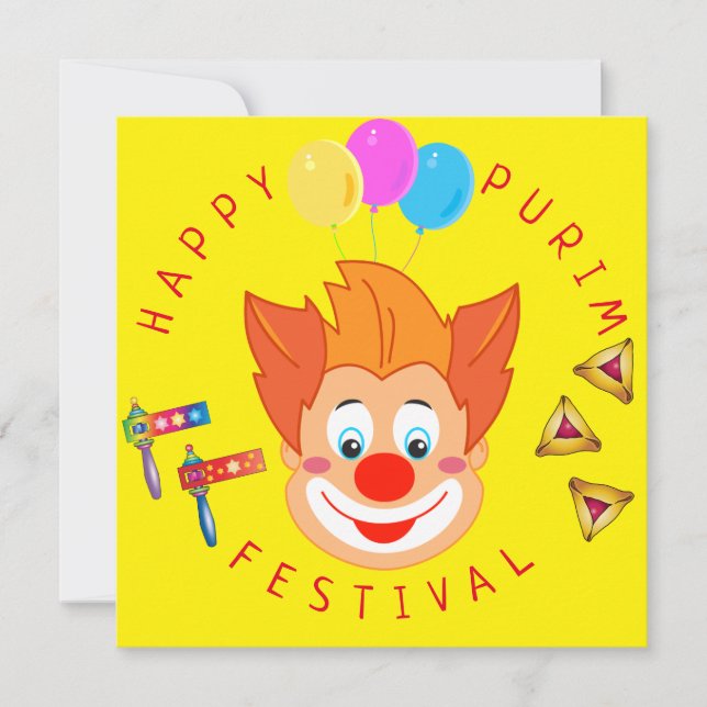 Invitación Feliz Festival de Purim Funny Fiesta de Payasos (Anverso)