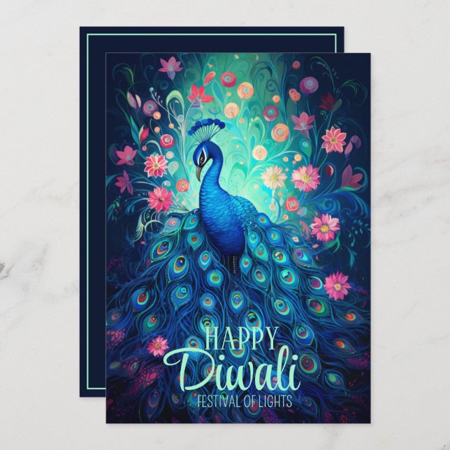Invitación Feliz Festival Diwali de Luces Peacock (Anverso / Reverso)