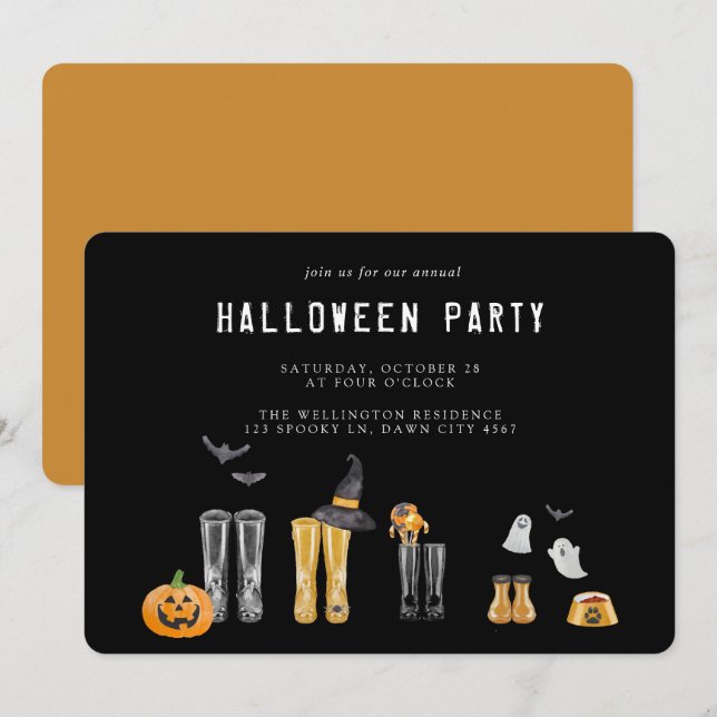 Invitación Feliz Fiesta de color negro de Halloween (Anverso / Reverso)