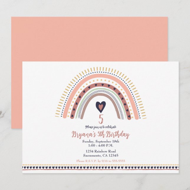 Invitación Feliz Fiesta de Cumpleaños Moderna Arcoíris Boho p (Anverso / Reverso)