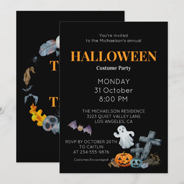 Invitación Feliz Fiesta de disfraces de Halloween (Anverso / Reverso)