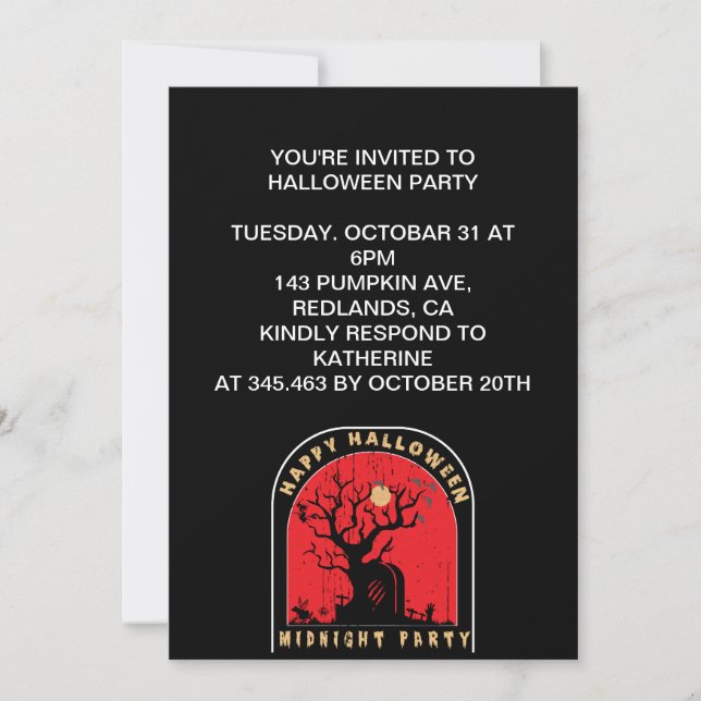 Invitación Feliz Fiesta de Halloween a Medianoche (Anverso)