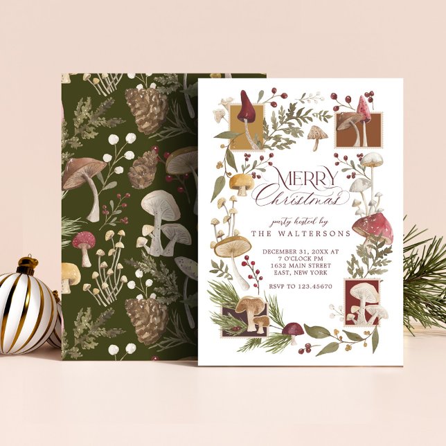 Invitación Feliz Fiesta de Navidad Woodsy Woodsy Woodland Mus (Merry Christmas Party Woodsy Woodland Mushroom Invitation)