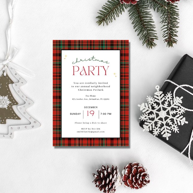 Invitación Feliz fiesta navideña navideña (Merry Christmas Plaid Holiday Party Invitation)