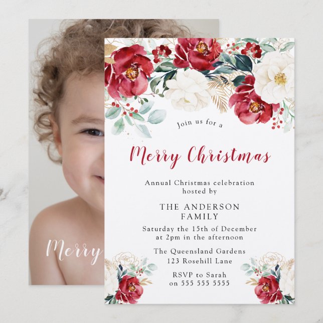 Invitación Feliz Fiesta navideño Shimmer Burgundy Flores Roja (Anverso / Reverso)