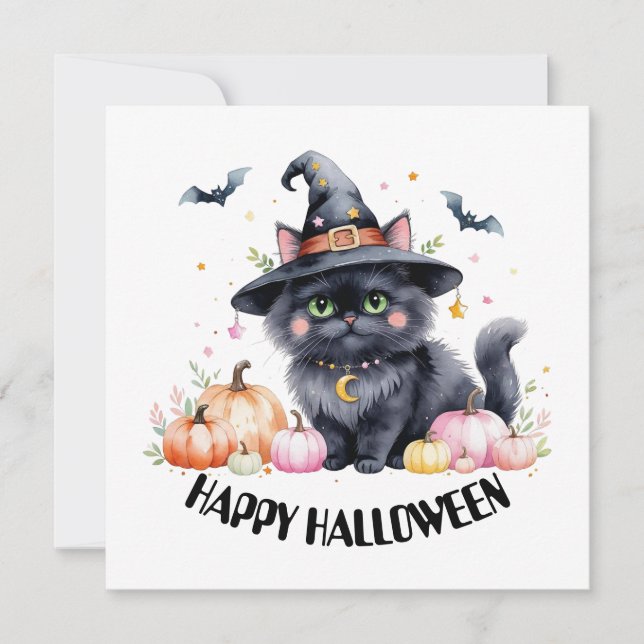 Invitación Feliz Gato Negro de Halloween (Anverso)
