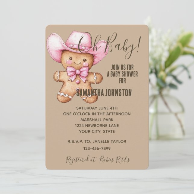 Invitación Feliz Gingerbread Cowgirl Chica de Baby Shower (Anverso de pie)
