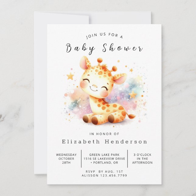 Invitación Feliz Giraffe en línea Baby Shower (Anverso)