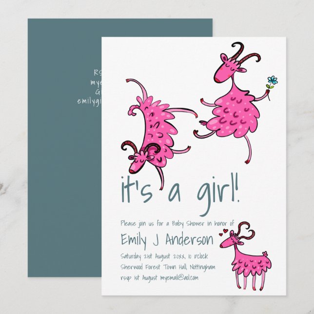 Invitación Feliz GOAT Pink Baby Shower manuscrito (Anverso / Reverso)