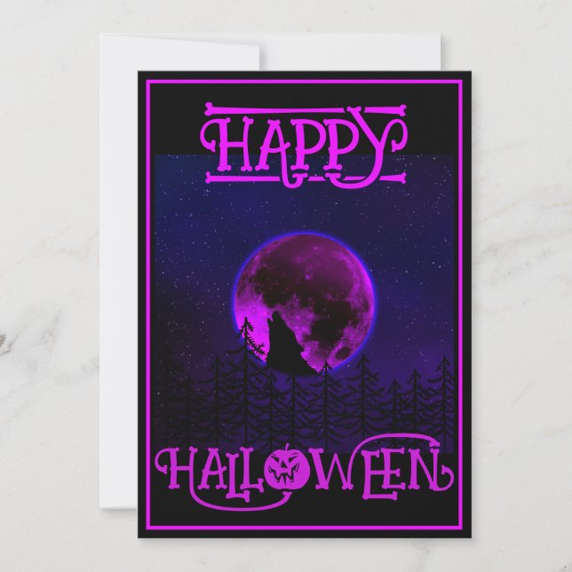 Invitación Feliz Halloween Aullador Perro Luna Morada (Anverso)