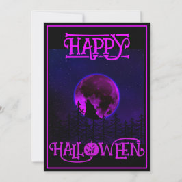 Invitación Feliz Halloween Aullador Perro Luna Morada