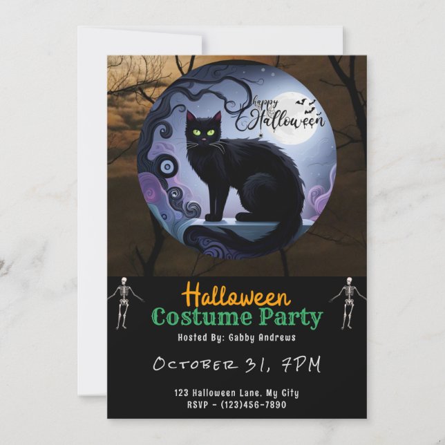 Invitación Feliz Halloween Black Cat Moon Black Halloween (Anverso)