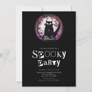 Invitación Feliz Halloween Black Cat Red and Purple Halloween