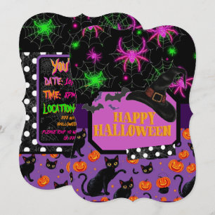 Invitación Feliz Halloween Black Cat y Spiderweb