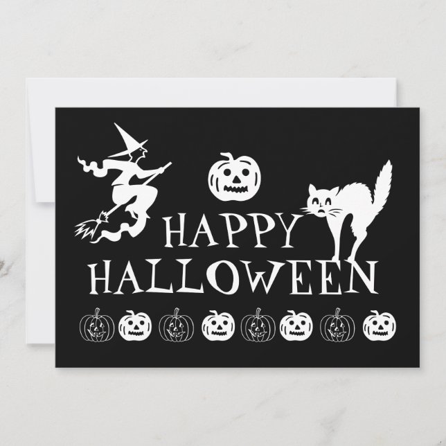 Invitación Feliz Halloween blanco negro espeluznante lindo (Anverso)