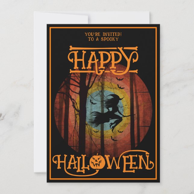 Invitación Feliz Halloween Bruja En Escoba Fiesta De Disfrace (Anverso)