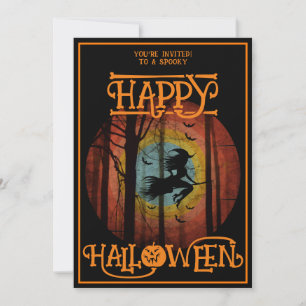 Invitación Feliz Halloween Bruja En Escoba Fiesta De Disfrace