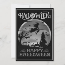 Feliz Halloween Bruja Escoba Cementerio Gris Negro