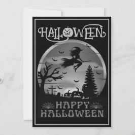 Invitación Feliz Halloween Bruja Escoba Cementerio Gris Negro
