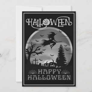Invitación Feliz Halloween Bruja Escoba Cementerio Gris Negro