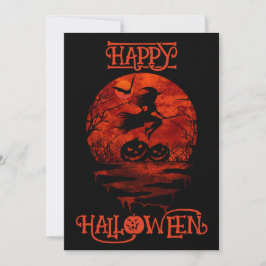 INVITACIÓN FELIZ HALLOWEEN BRUJA ESPANTOSA EN ESCOBA
