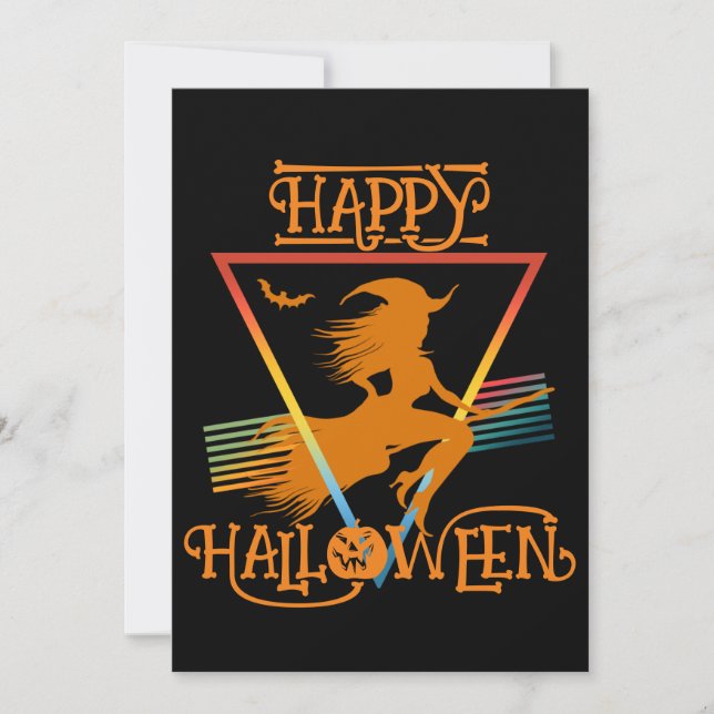 Invitación Feliz Halloween Bruja Naranjas Negras (Anverso)