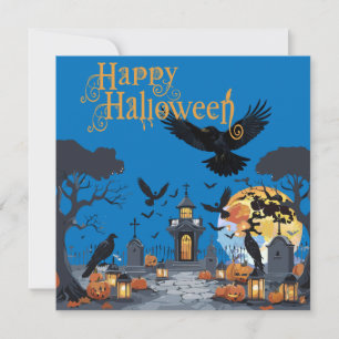 Invitación Feliz Halloween Cementerio Embrujado Con Tumba Esp