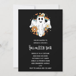 Invitación Feliz Halloween con el retro fantasma Hippie