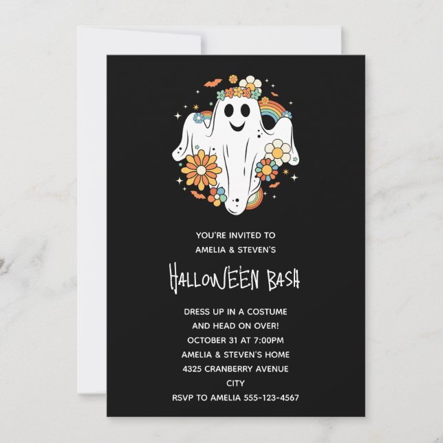 Invitación Feliz Halloween con el retro fantasma Hippie (Anverso)