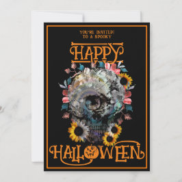 Invitación Feliz Halloween Cráneo Floral Fiesta Negro Naranja
