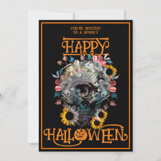 Invitación Feliz Halloween Cráneo Floral Fiesta Negro Naranja