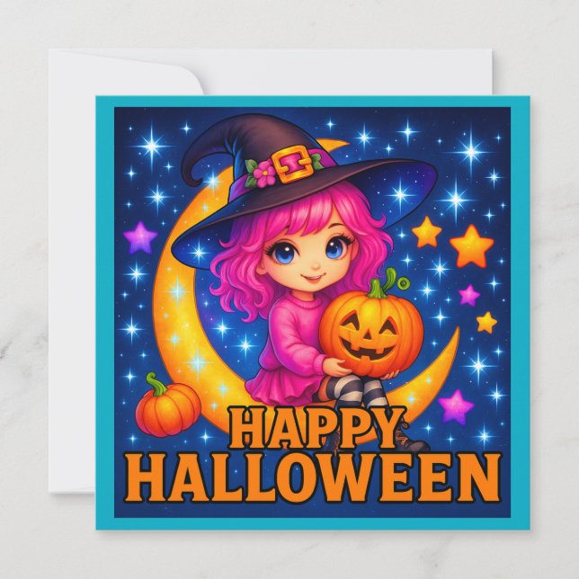 Invitación Feliz Halloween Cute Moon Witch Invitation Card (Anverso)