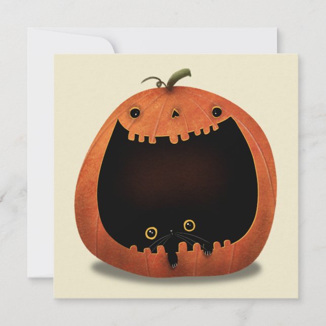 Invitación Feliz Halloween Decoración Gato Negro en Calabaza (Anverso)