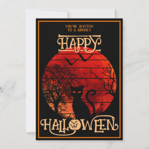 Invitación Feliz Halloween Disfraz de Murciélago de Gato Negr