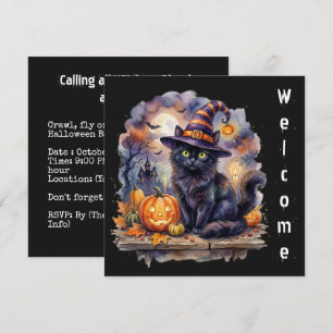 Invitación Feliz Halloween - Gato Negro Acuarela
