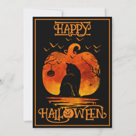 Invitación Feliz Halloween Gato Negro Araña Murciélagos 