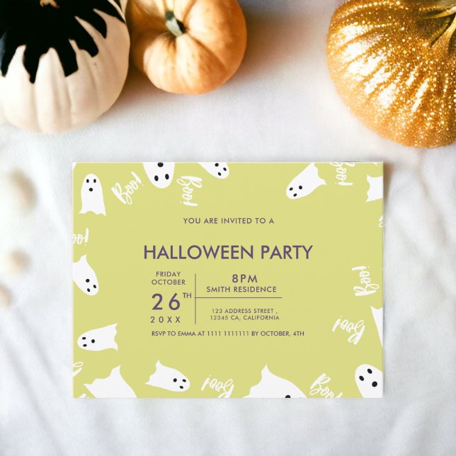 Invitación Feliz Halloween lindos fantasmas fiesta púrpura ve (Happy Halloween cute ghosts green purple party Invitation)
