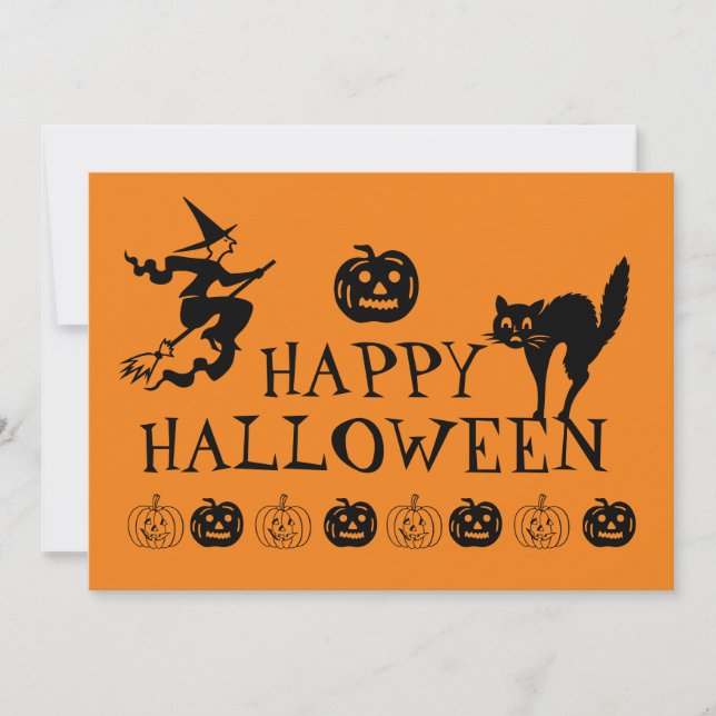 Invitación Feliz Halloween negro y naranja espantado (Anverso)