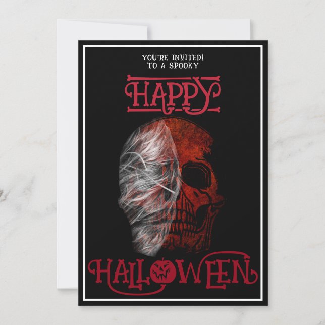 Invitación Feliz Halloween Red Skull Black White (Anverso)