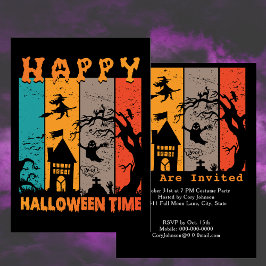 Invitación Feliz Halloween tiempo Retro Bruja Casa Fantasma